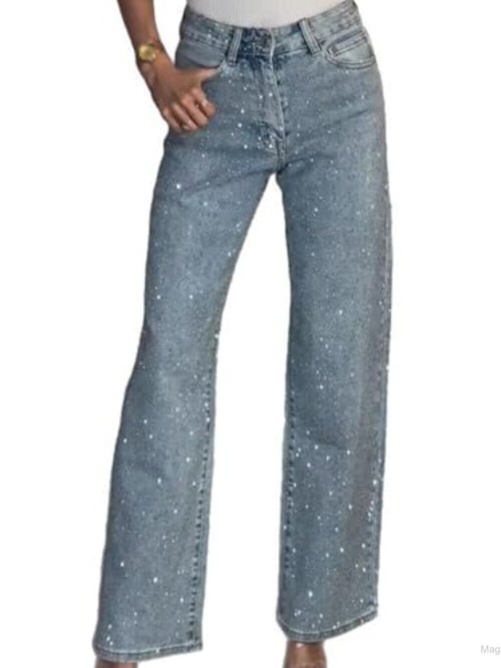 Women's Rhinestone Baggy Jeans High Waisted Y2K Wide Leg Sparkly Glitter Bling